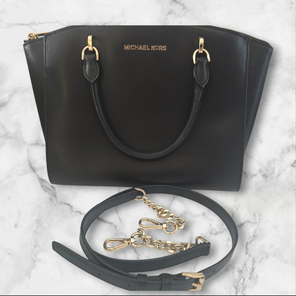 Michael Kors Ellis Black‎ Safianno Leather Satchel Gold Hardware ☆